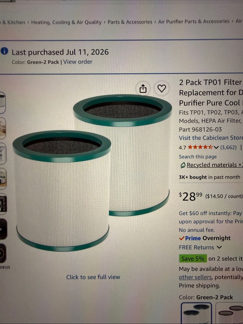 Replacement for Dyson Tower Purifier Pure Cool Link TP01